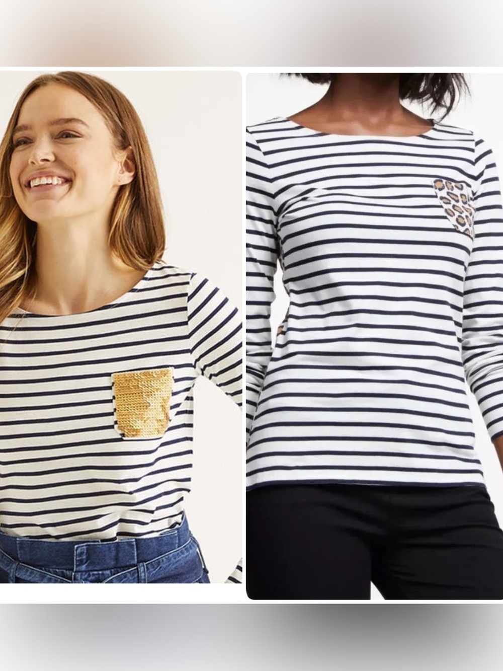 Boden Pair of Breton Tees. Gold Sequin & Leopard Print Pockets. Size 4